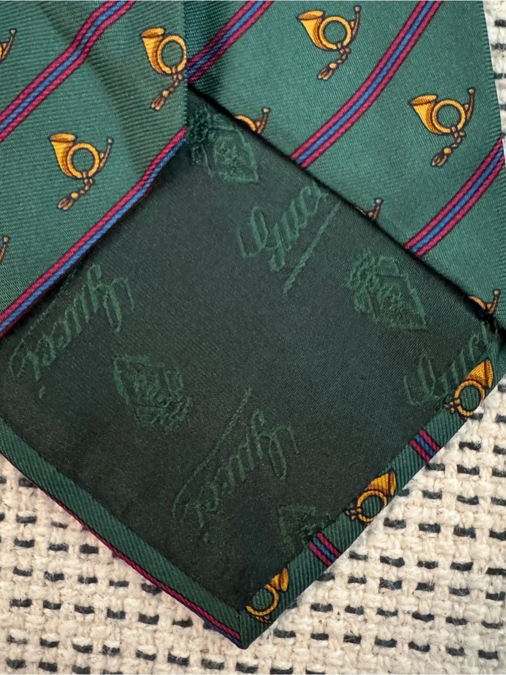 Vintage 80s/90s Gucci Green Silk Equestrian Hunting Horn Tie Deadstock